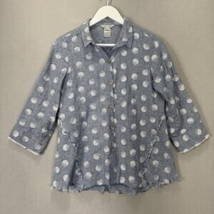 John Mark 100% Linen Shirt Womens XS Blue Polka Dot Lagenlook Artsy Coastal Top